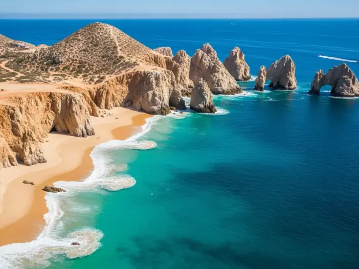 Aerial view of the stunning golden sands and turquoise waters of Lover’s Beach and Divorce Beach in Cabo San Lucas, flanked by dramatic rock formations and the iconic Arch.
