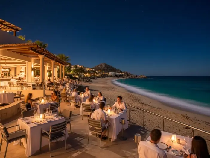 Guests enjoying an elegant Beachfront Dining Experience in Cabo under a starry night sky, with tables set on a patio overlooking the illuminated ocean and a beautiful sandy beach.