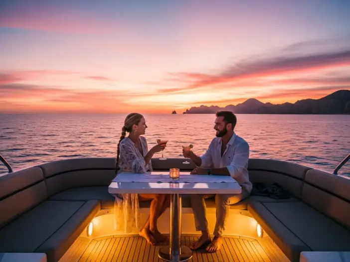A couple enjoys a romantic moment on a luxury yacht during a beautiful Cabo Sunset Cruise, with the iconic Cabo San Lucas Arch in the background.