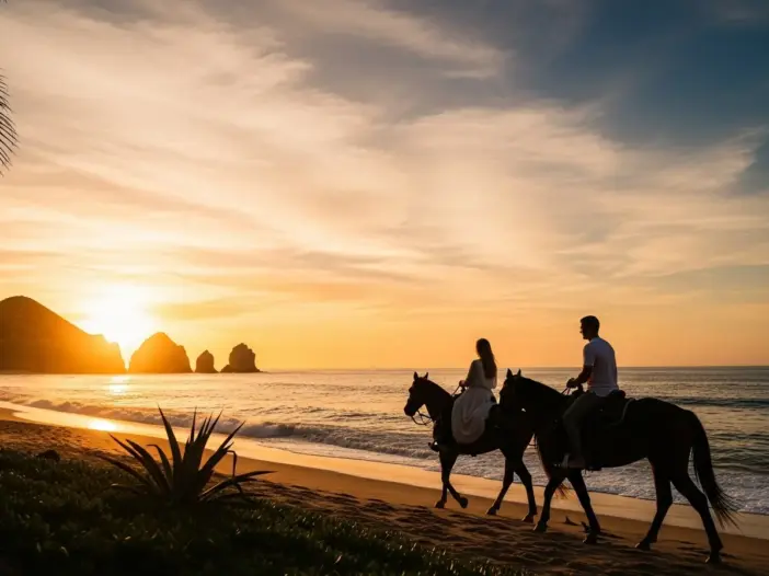 Romantic sunset horseback riding for honeymoon couples in Los Cabos, featuring a silhouetted couple on horseback along the beach with the iconic El Arco rock formations and a vibrant orange sunset in the background.