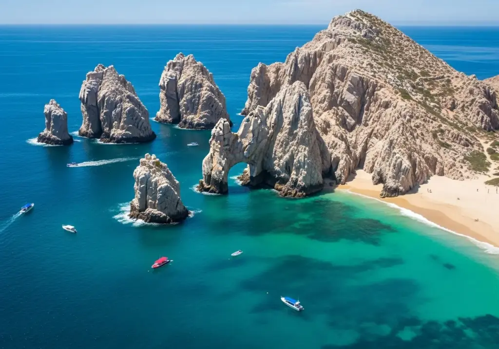 Panoramic shot of Land's End, showcasing the famous Arch, Lover’s Beach (Sea of Cortez side), and Divorce Beach (Pacific Ocean side), a must-visit destination in Cabo.