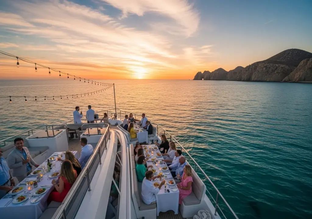 Experience gourmet yacht dining in Cabo with stunning sunset views and impeccable service, as seen on this elegant dinner cruise in front of Land's End.