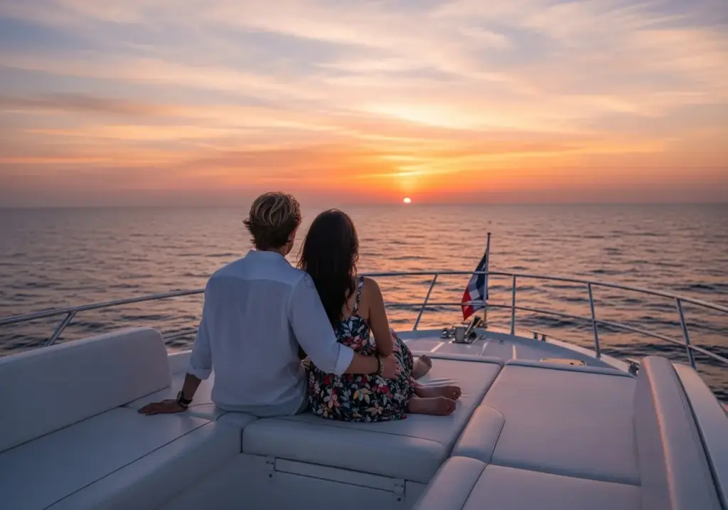 A couple embracing on the bow of a yacht, watching the breathtaking sunset over the Pacific Ocean during a romantic Cabo Sunset Cruise.