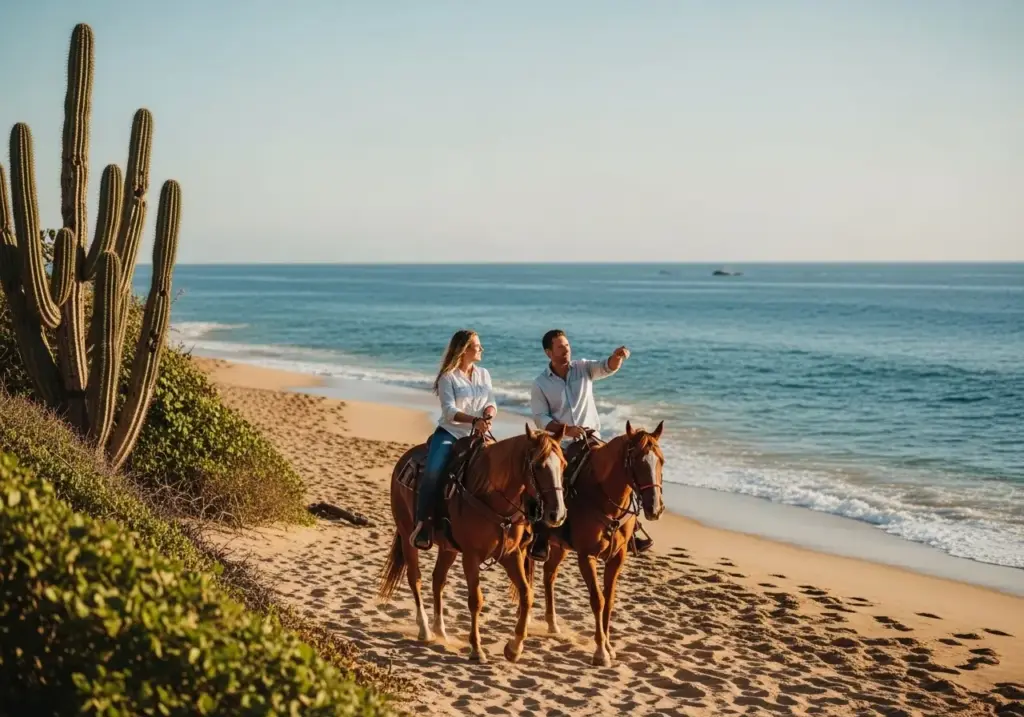 Couple enjoying a leisurely horseback ride along a sunny beach with a large cactus in the foreground, ideal for a romantic getaway.