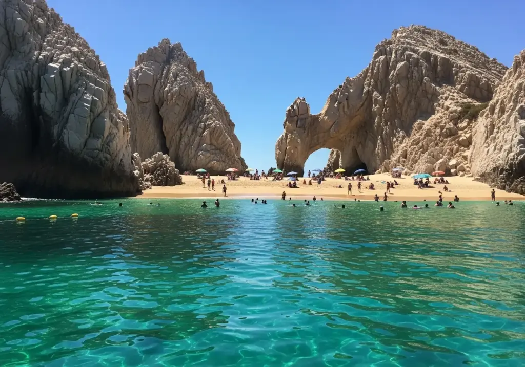 People enjoying the vibrant turquoise waters and golden sands of Lover’s Beach in Cabo San Lucas, with the iconic Arch and dramatic rock formations framing the sunny scene.