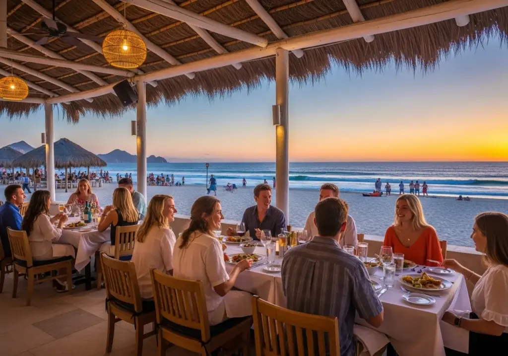 Patrons enjoying a relaxed Beachfront Dining Experience in Cabo as the sun sets over the Pacific Ocean, with tables under a thatched roof overlooking the sandy beach.