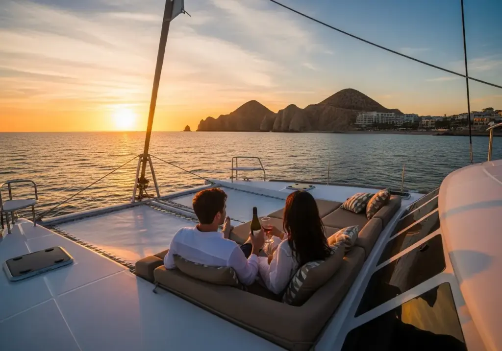 A couple relaxes on a catamaran, sharing wine and watching the vibrant sunset over the iconic Land's End rock formations during a luxurious Cabo Sunset Cruise.