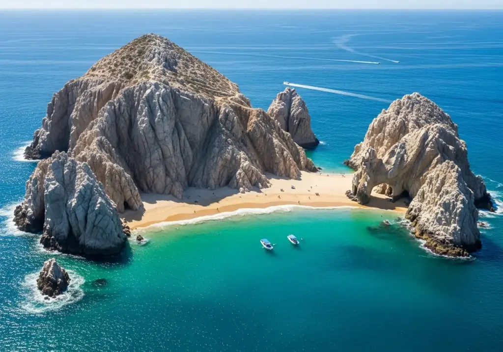 Panoramic shot of the beautiful Divorce Beach at Land's End, showing its unique connection to the Pacific Ocean and the stunning surrounding rock arches in Cabo San Lucas.