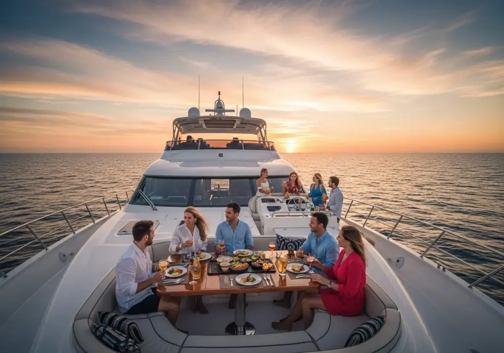 A group of friends or family gathered around a beautifully set table on the deck of a lavish yacht, savoring a Luxury Sail Dining Experience in Cabo as the sun dips below the horizon.