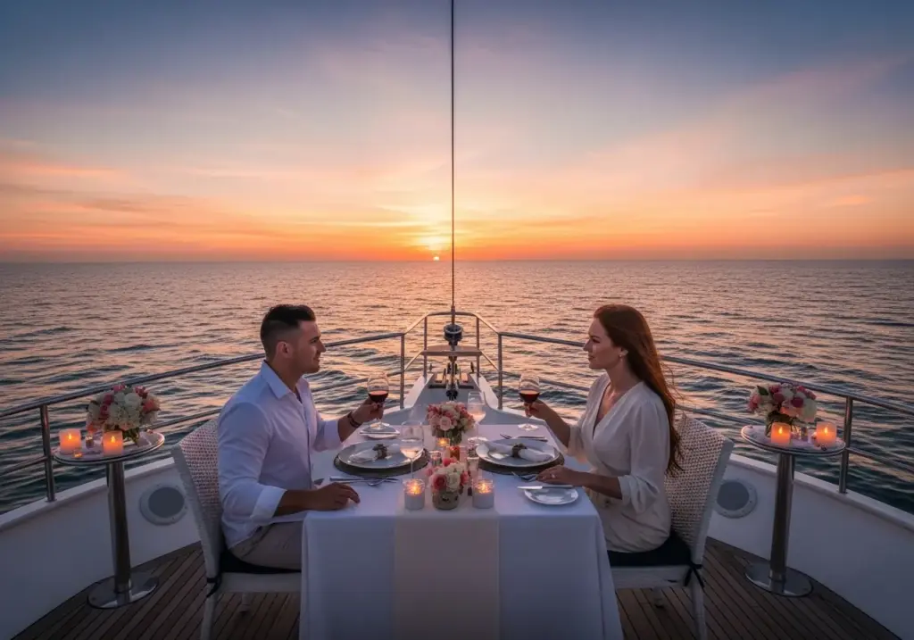 A couple enjoys a private romantic dinner on a luxury yacht, toasting with wine at sunset during an exclusive Cabo Sunset Cruise.