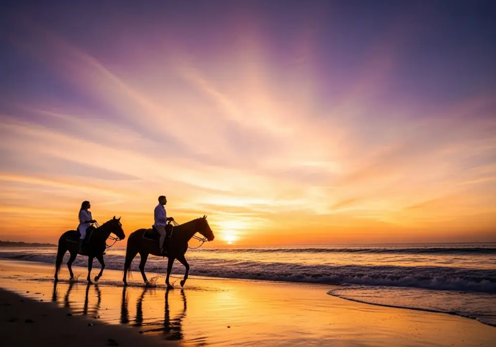 Romantic sunset horseback riding for honeymoon couples in Los Cabos, featuring a silhouetted couple riding horses along the shoreline as the sun dips below the horizon, painting the sky in vibrant orange and purple hues.