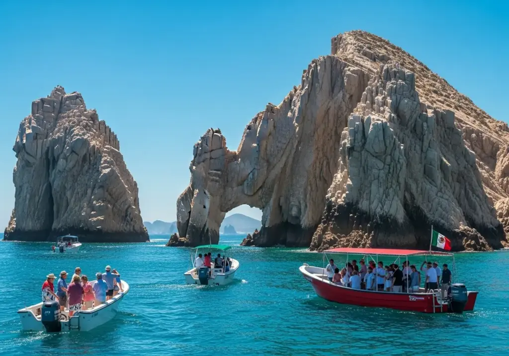 Multiple tour boats filled with visitors in the vibrant blue waters around the iconic Cabo San Lucas Arch, with dramatic rock formations towering under a clear sky.