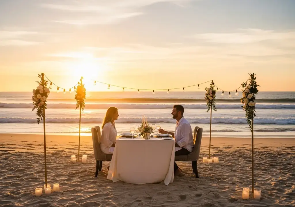 A couple enjoys a romantic Private Beach Dining Experience in Cabo at sunset, with a beautifully decorated table, string lights, and candles on the sandy shore overlooking the ocean.