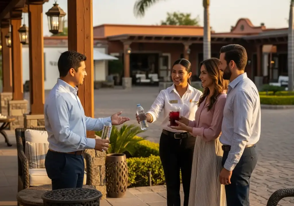 Guests, potentially honeymoon couples, are warmly greeted by resort staff at a luxury property in Los Cabos, a popular destination offering romantic experiences including sunset horseback riding.