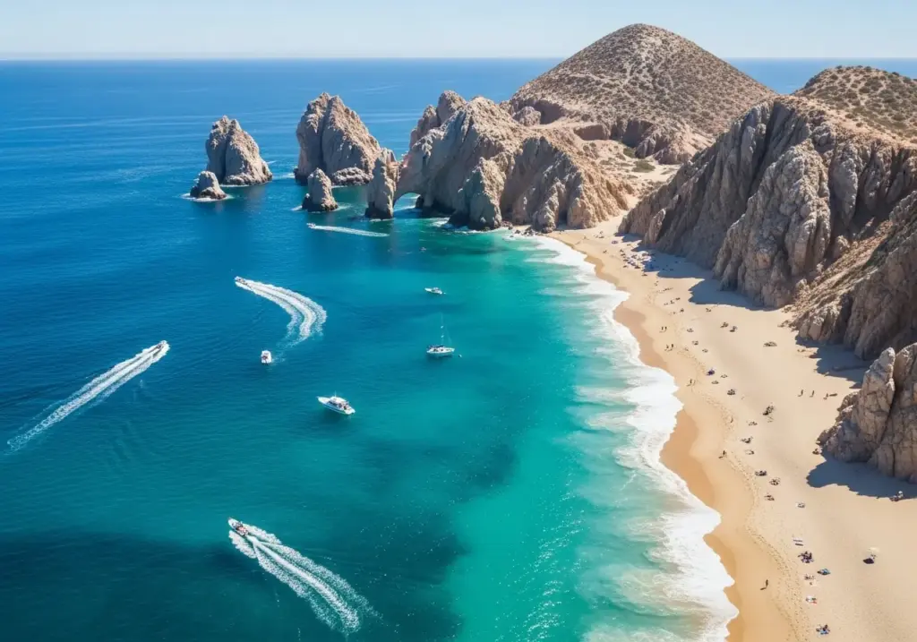 Aerial view showcasing the stunning turquoise waters and golden sands of Lover's Beach and Divorce Beach in Cabo, framed by dramatic rock formations, including the iconic Arch, with boats cruising by.