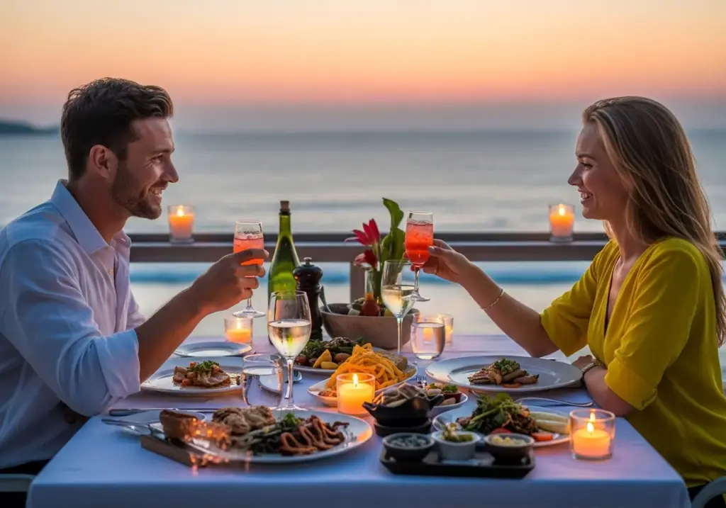 Romantic Beachfront Dining Experience with a couple seated at a table on the sand, illuminated by candles and string lights, at sunset by the ocean.