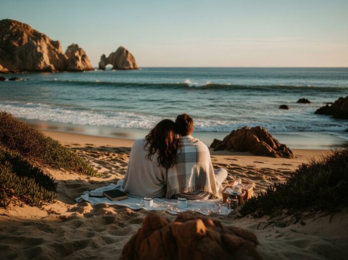 A serene, romantic scene of a couple wrapped in a blanket, sharing a quiet moment on a sandy beach at sunset. They are sitting on a picnic blanket with mugs and a book, facing the ocean. In the background, the iconic rock formations of Cabo San Lucas, including El Arco, are visible in the golden light. This image perfectly captures one of the best Cabo date ideas for shy partners, focusing on intimate and peaceful experiences away from the crowds.