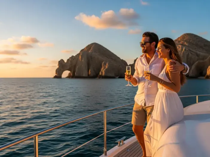 A smiling couple in white attire holds champagne flutes on a private yacht in Cabo, with the famous El Arco rock formation visible in the background at sunset.