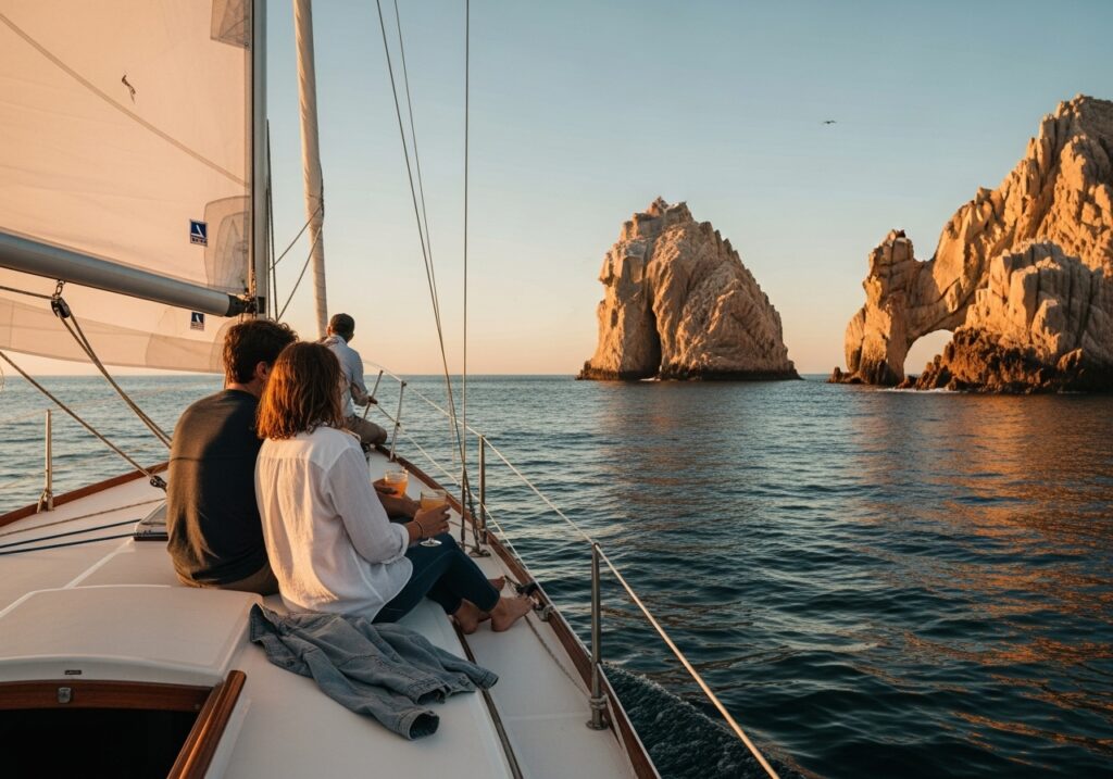 A tranquil view from the deck of a sailboat, where a couple sits together, enjoying a drink as they glide past the dramatic rock formations of Cabo San Lucas, including El Arco, at sunset. The calm sea and golden light create a peaceful, intimate atmosphere. This private sailing trip is one of the top Cabo date ideas for shy partners, offering a romantic and quiet experience away from the bustling crowds.