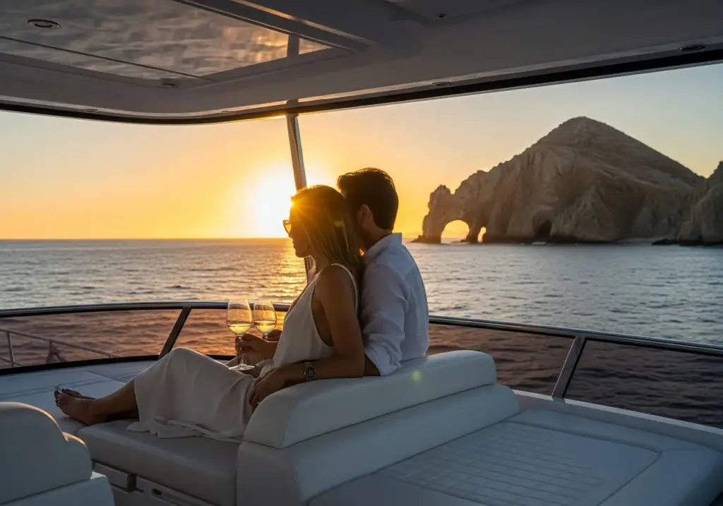A romantic shot of a couple relaxing on a plush white bench on a private yacht in Cabo, sharing a glass of white wine while watching the sunset behind El Arco.