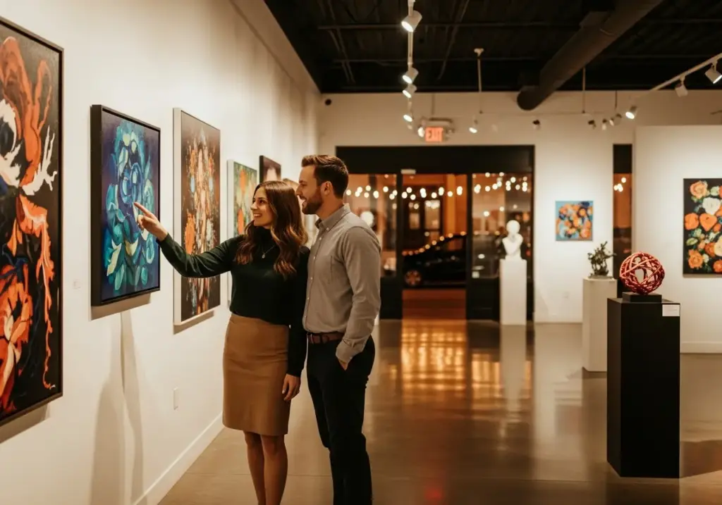 A smiling couple enjoys the Art Walk in San Jose, with a woman pointing at a vibrant blue and green abstract painting in a modern gallery. The man stands beside her, and they are both admiring the artwork. The gallery features various paintings and sculptures on display under track lighting.