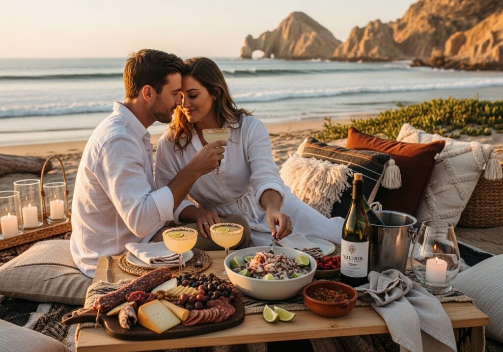 A close-up shot of a couple enjoying a private, romantic picnic on a sandy beach at sunset in Cabo. They are sitting on pillows around a low table laden with a gourmet charcuterie board, ceviche, and drinks in a beautifully styled setting with candles and a bottle of wine. The couple, dressed in white, is clinking their margarita glasses in an intimate moment, with the iconic Cabo rock formations visible in the soft background. This intimate and curated experience is one of the most charming Cabo date ideas for shy partners, offering a perfect blend of romance and privacy.