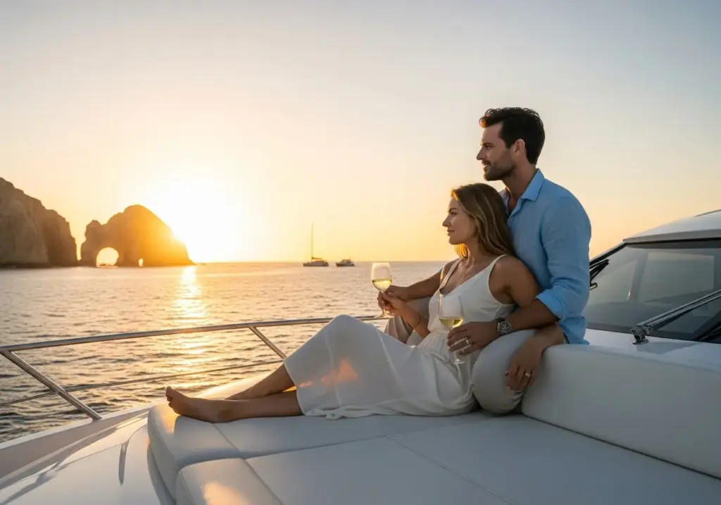 A young couple enjoys the sunset on a private yacht in Cabo, holding glasses of white wine with the iconic El Arco formation in the background.
