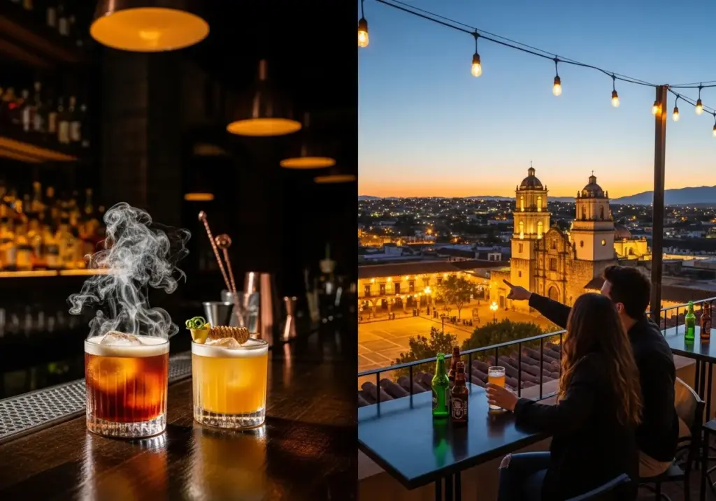 A split image shows two steaming cocktails on a bar counter and a couple enjoying drinks on a rooftop patio overlooking a city at sunset. This image highlights the diverse dining and nightlife experiences that complement the popular Art Walk in San Jose.