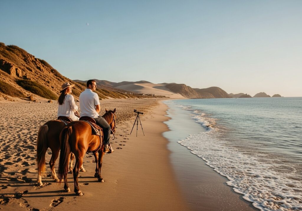 A scenic view of a couple on horseback, riding along a secluded, expansive sandy beach at sunset. The pair is facing the ocean, with rolling sand dunes and mountains in the background. The tranquil setting and gentle activity make this horseback riding adventure an ideal option among Cabo date ideas for shy partners, providing a relaxing and romantic way to enjoy the beautiful coastal landscape together.