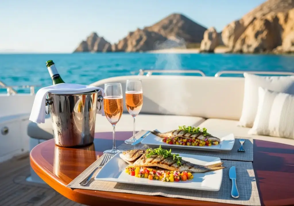 A delicious seafood lunch with grilled fish, paired with a bottle of champagne in an ice bucket and two flutes, is served on a table aboard a private yacht in Cabo, overlooking the iconic rock formations.