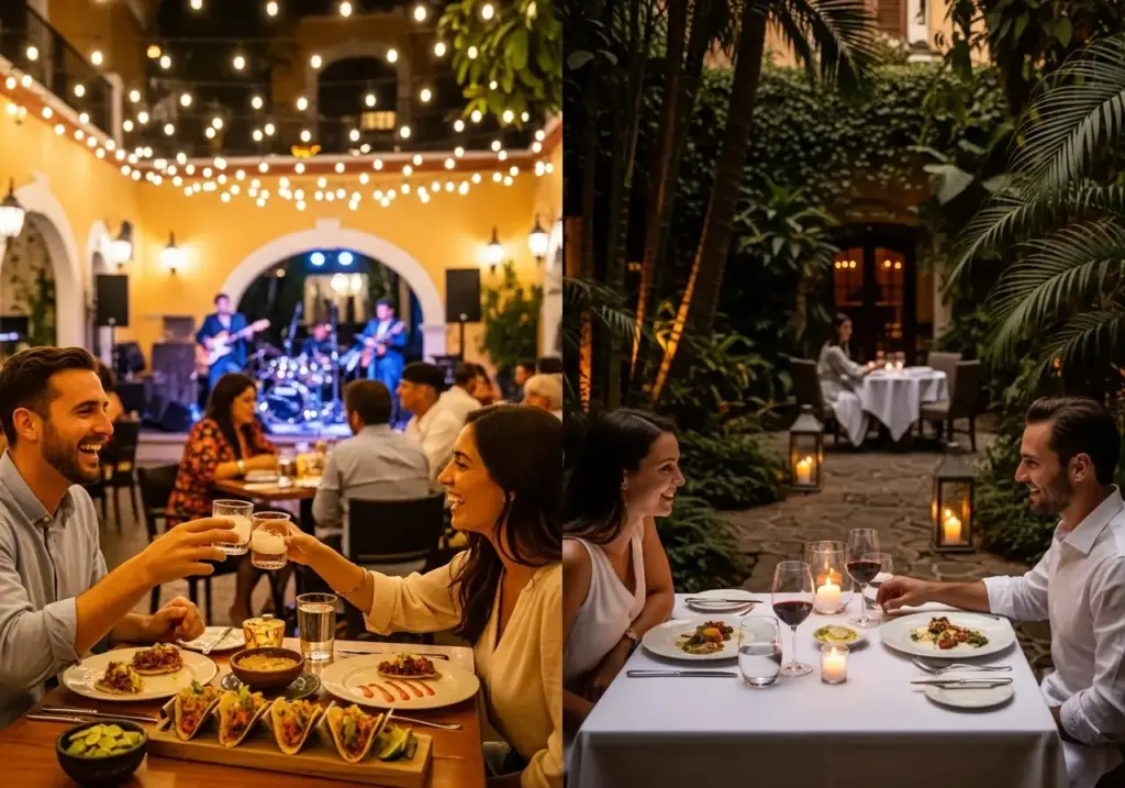 A diptych image captures the diverse culinary scene during the Art Walk in San Jose, with a lively restaurant featuring live music and a group of friends toasting on the left, and a romantic courtyard dinner for a couple on the right.