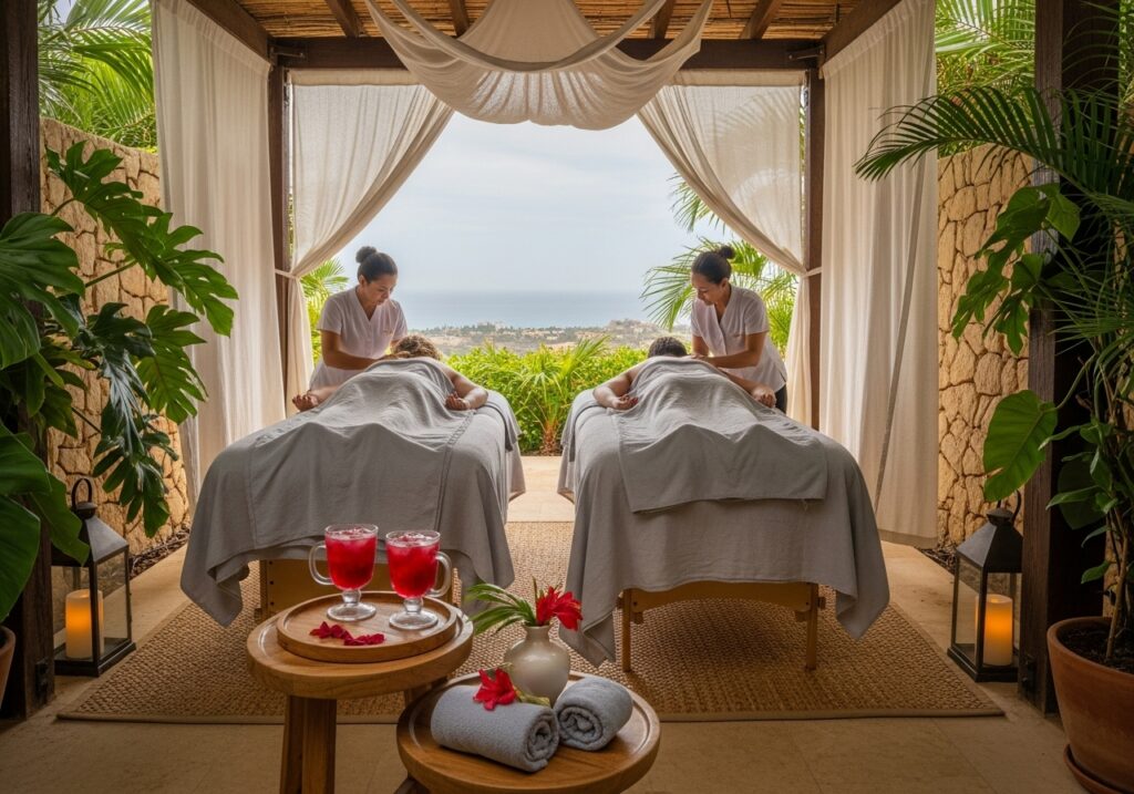A beautiful, tranquil shot of a couple receiving a relaxing couples massage in an open-air spa cabana. The cabana, draped in white curtains, overlooks a stunning view of the ocean and lush greenery. In the foreground, a small table holds two refreshing red drinks and a vase with a flower, creating a serene and luxurious atmosphere. This private and pampering experience is one of the most soothing Cabo date ideas for shy partners, offering a quiet and intimate way to connect and unwind together.