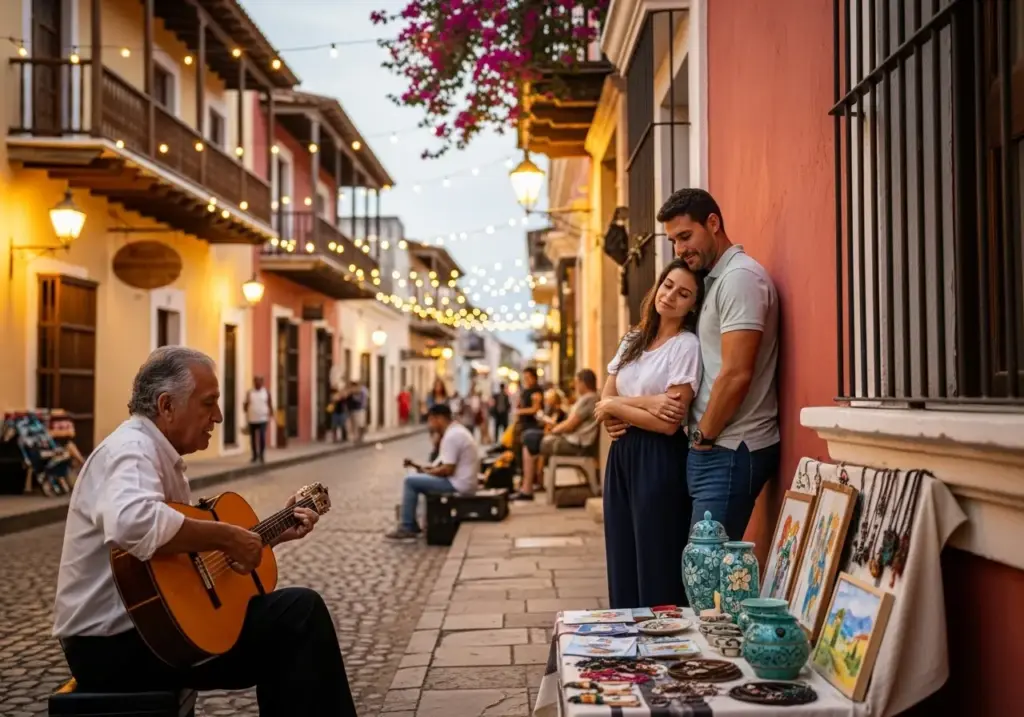 A couple embraces while listening to a street musician playing a guitar during the Art Walk in San Jose. The cobblestone street is lined with colorful buildings, vendors selling art, and string lights creating a festive evening atmosphere.