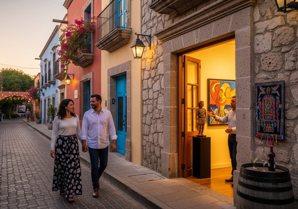 A smiling couple, holding hands, strolls down a cobblestone street lined with colorful colonial buildings and art galleries. They are looking at each other, enjoying a romantic walk. An art gallery door is open, where a man is welcoming them. This image highlights a relaxed and culturally rich outing, making it a perfect example of Cabo date ideas for shy partners who appreciate art and a quiet, leisurely pace.