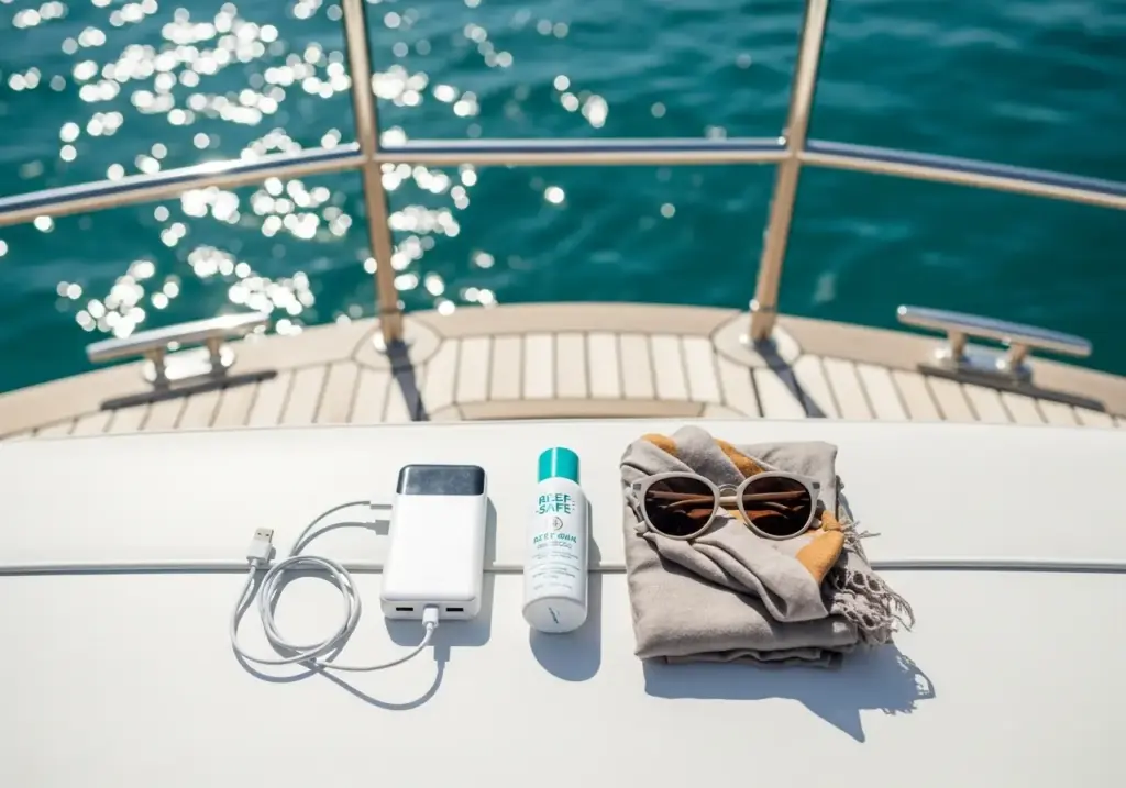 A power bank, reef-safe sunscreen, and stylish sunglasses with a scarf are laid out on the deck of a private yacht in Cabo, ready for a day on the water.